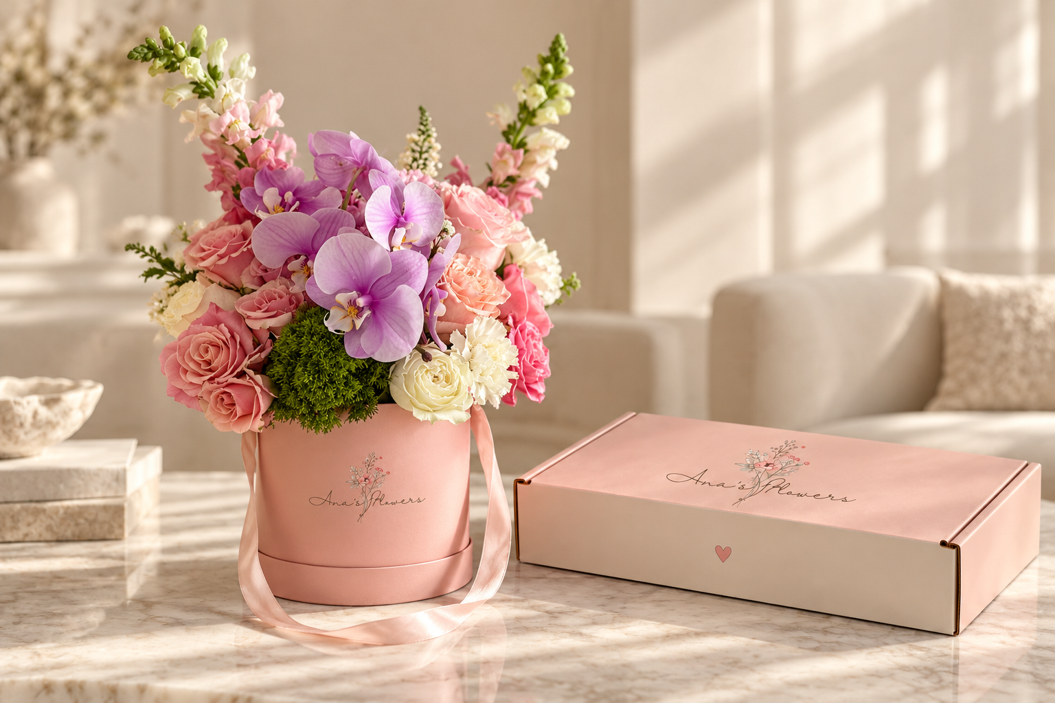 A floral arrangement in a softly lit cream setting